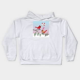 Cute Red Northern Cardinals Love Winter Landscape Kids Hoodie